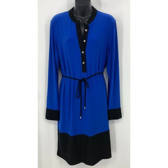 Calvin Klein Women Dress Size Large Blue Black Colorblock Long Sleeve Button Tie - Picture 1 of 7